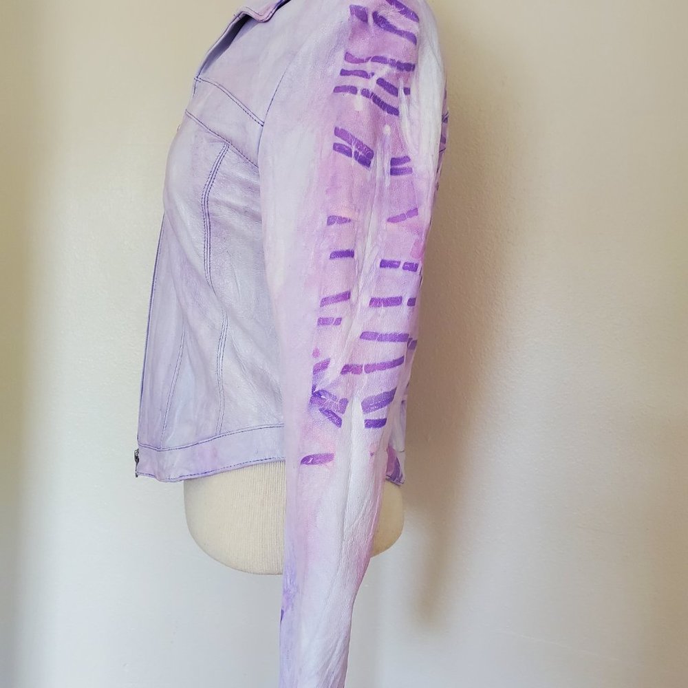 white purple pink Leather Motorcycle biker bomber Jacket tie dyed 2 4 6 XS small - Picture 4 of 10